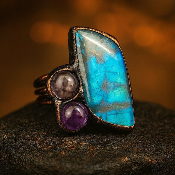 🆕️Boho Chic Labradorite & Amethyst Adjustable Copper Ring Rustic Vintage Style - Picture 1 of 12